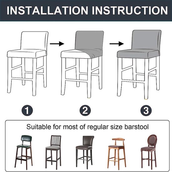 Installatie-instructies: Toont hoe een barkrukhoes over een barkruk wordt geschoven. Geschikt voor de meeste barkrukken van normaal formaat.
