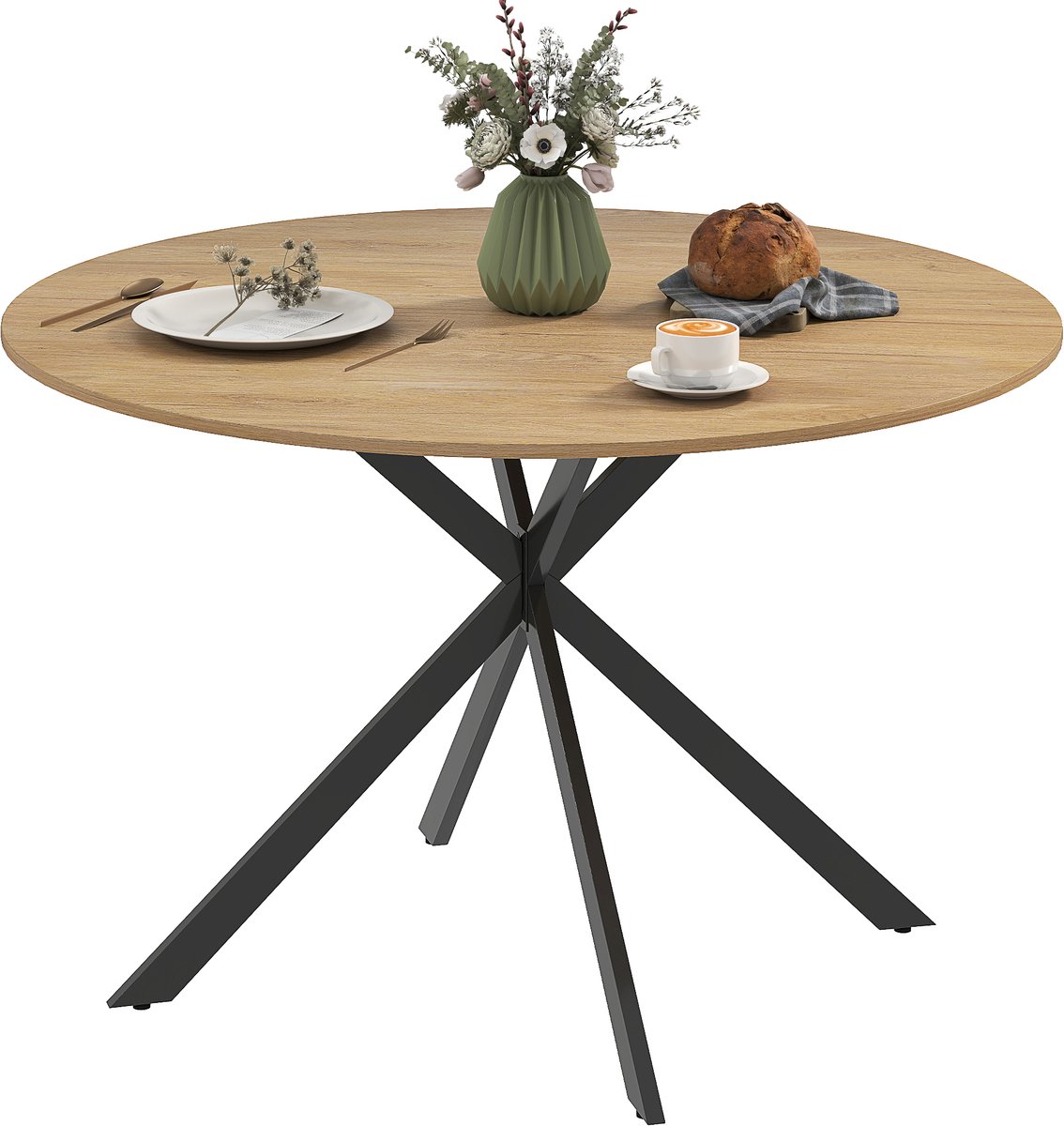 Ronde eettafel voor 4 personen — Keukentafel — 120 cm — Industriële stijl — Met tafelblad in houtlook en kruisvormige stalen poten in eikenkleur