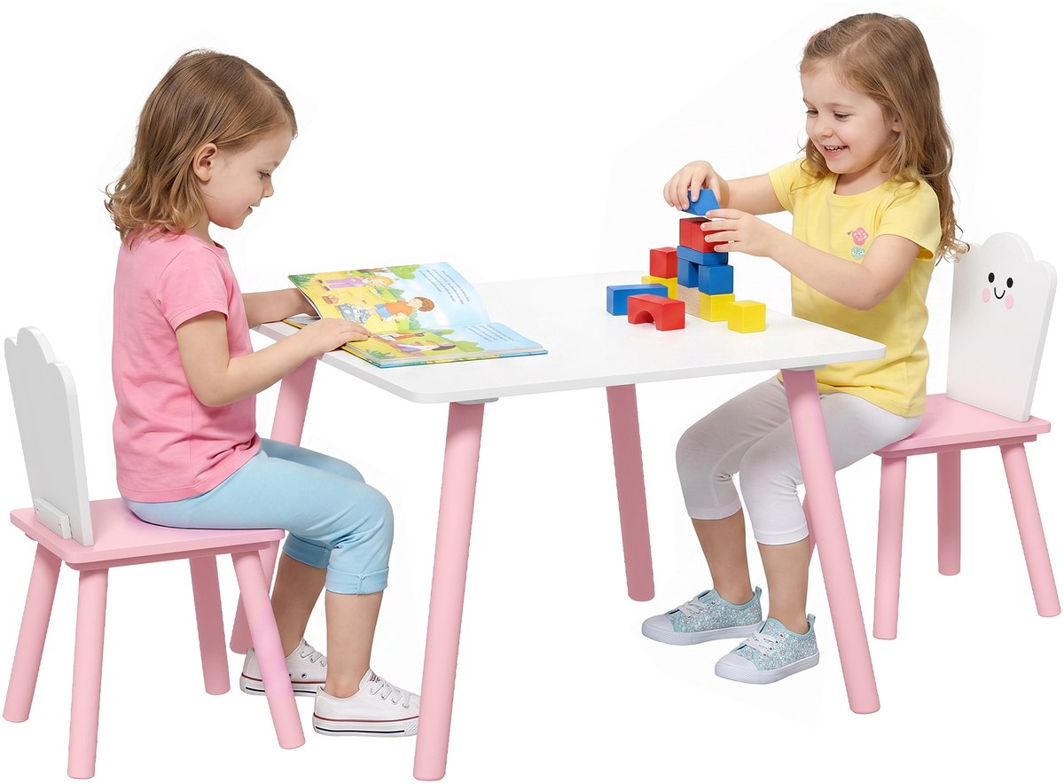 AIYAPLAY Kinder tafel en stoelen set-MDF, grenenhout-60L x 60B x 44H cm-Roze