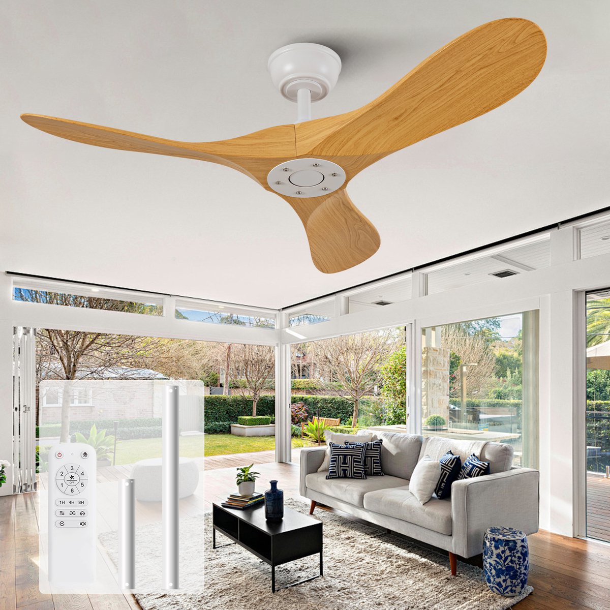 COVREO Plafondventilator 107 cm wit en naturel ABS, met afstandsbediening, 6 standen