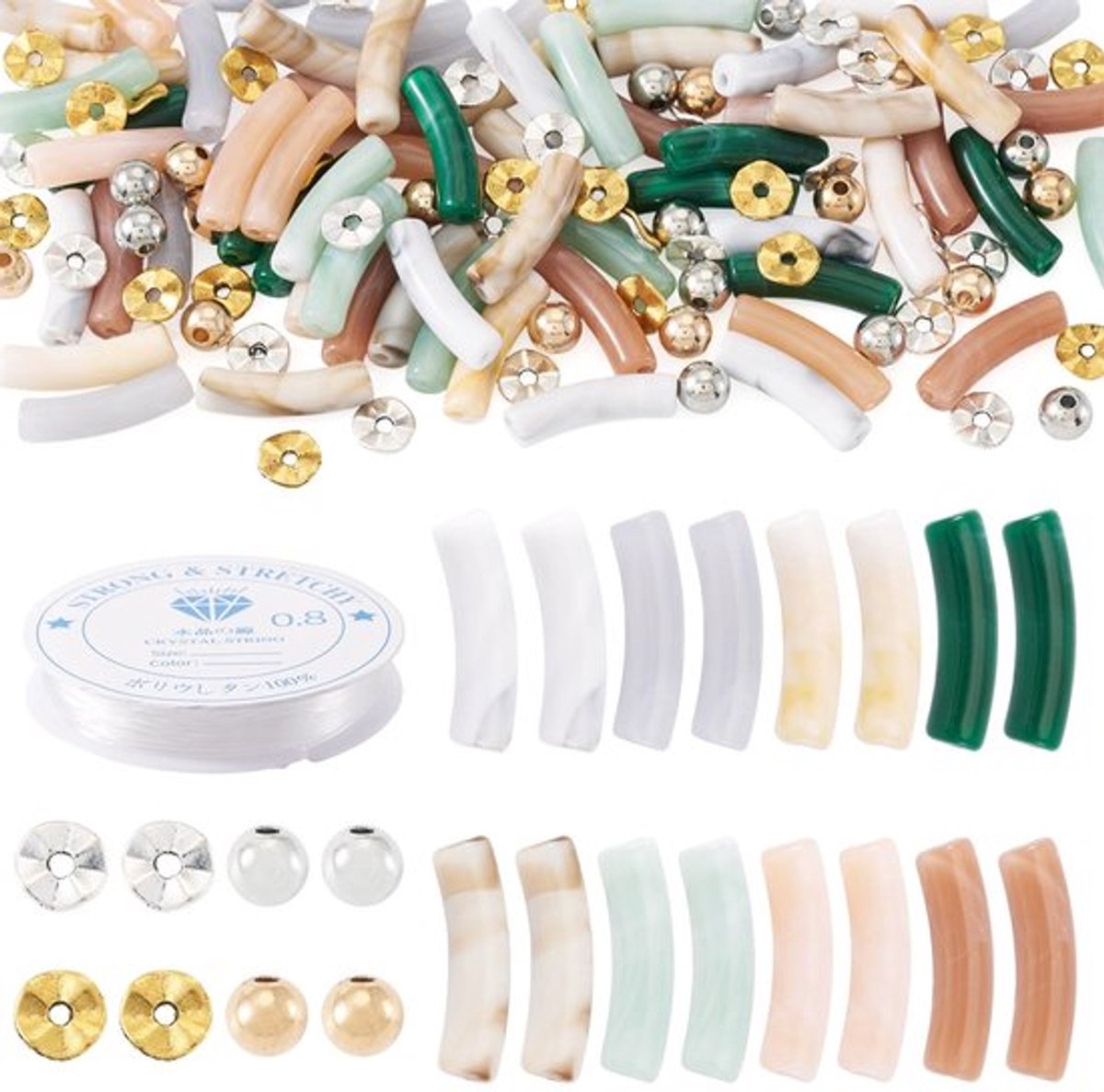 Acryl Buiskralen 145 Stuks - Gebogen Buis Kralen - Messing Kralen - DIY Sieraden Maken - Elastische Kristaldraad - 6 Kleuren
