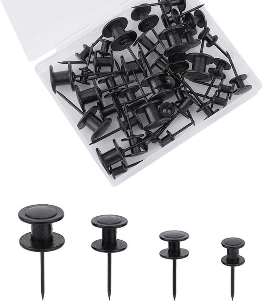 Schilderijhangers 40 Stuks - Dubbelkoppige Punaises - Zinklegering/ijzeren Naald - 4 Maten - Flexibel Gebruik - Zwart - Fotohangers