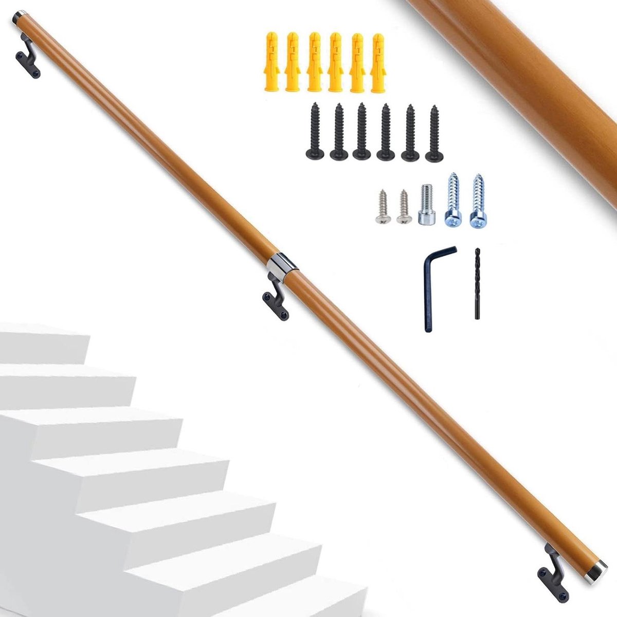 Houten Leuning Hars - Trapleuning Wandmontage - Veiligheid Thuis - Corrosiebestendig Aluminium - 6.5Ft - Houtkleurig