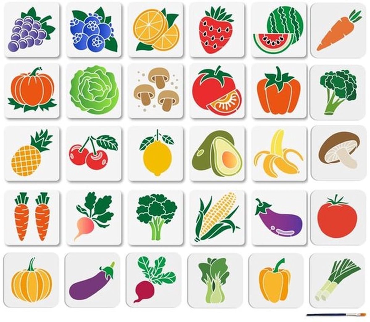 Sjablonen 30 stuks - Fruit/groente sjablonen - Herbruikbare schildersjablonen - Kunststof - 15 x 15 cm - Inclusief penseel
