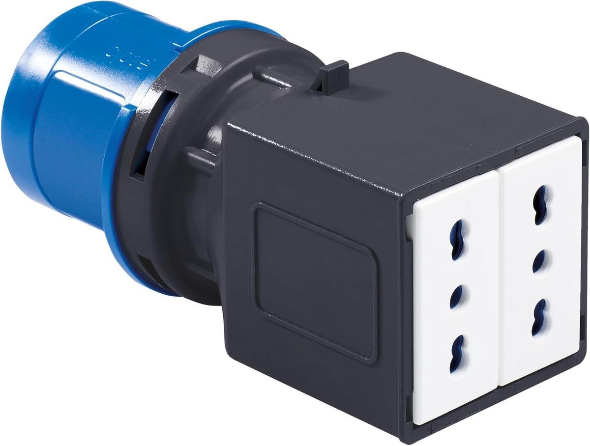 Industriële Stekker - CEE Adapter - Stroom Verdelen - Twee Dubbele Stopcontacten - 16A 230V - Grijs Blauw