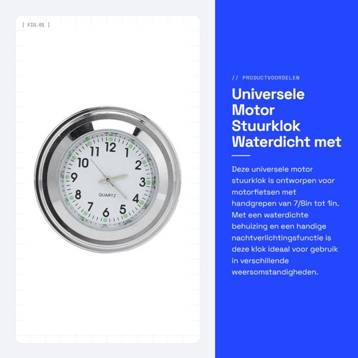 Motorstuurklok Waterdicht - Lichtgevende Wijzerplaat - Universele Montage - 7/8in-1in Stuur - Nauwkeurige Timing - Schokbestendig - Motorfiets Klok