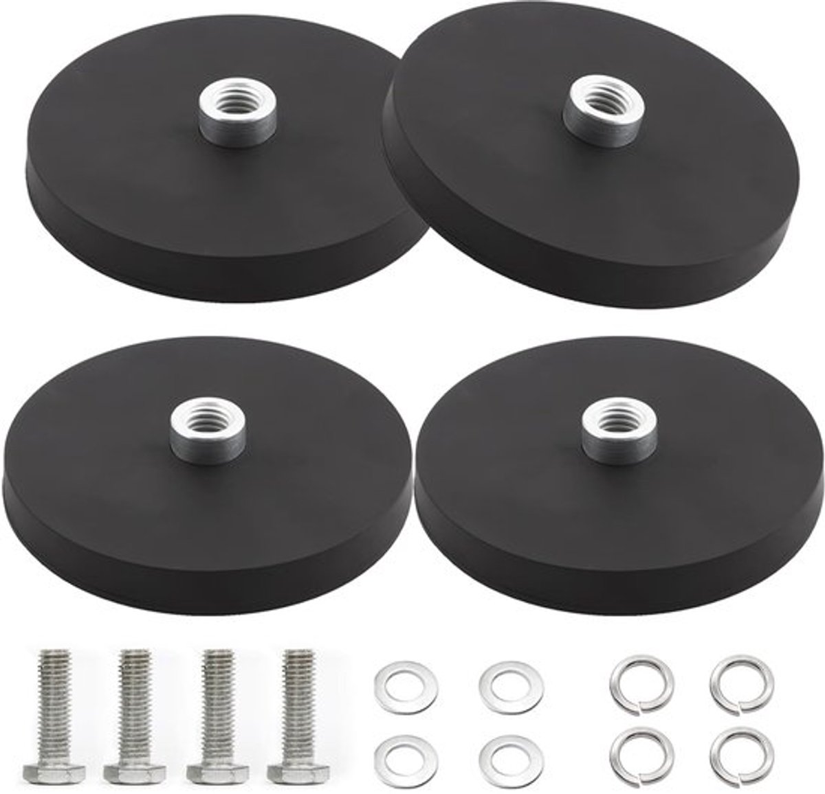 4 stuks neodymium magneten, met rubber, diameter 43 mm, platte grijper, 10 kg draagkracht, rubberen ronde magneten met M6 convex schroefgat, schijfmagneet voor schroeven, lichtstrips, oog of haken