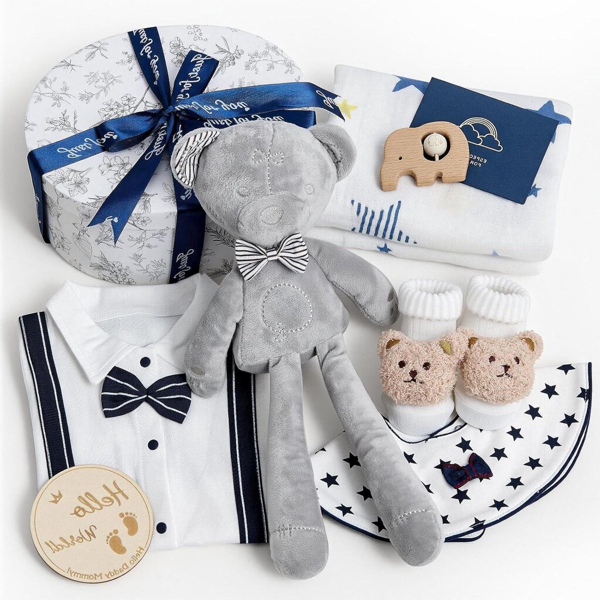 Baby Cadeauset Jongen - Geboortepakket Pasgeborene - Welkomstgeschenk Baby - Compleet 8-Delig - 0-6 Maanden - Marineblauw