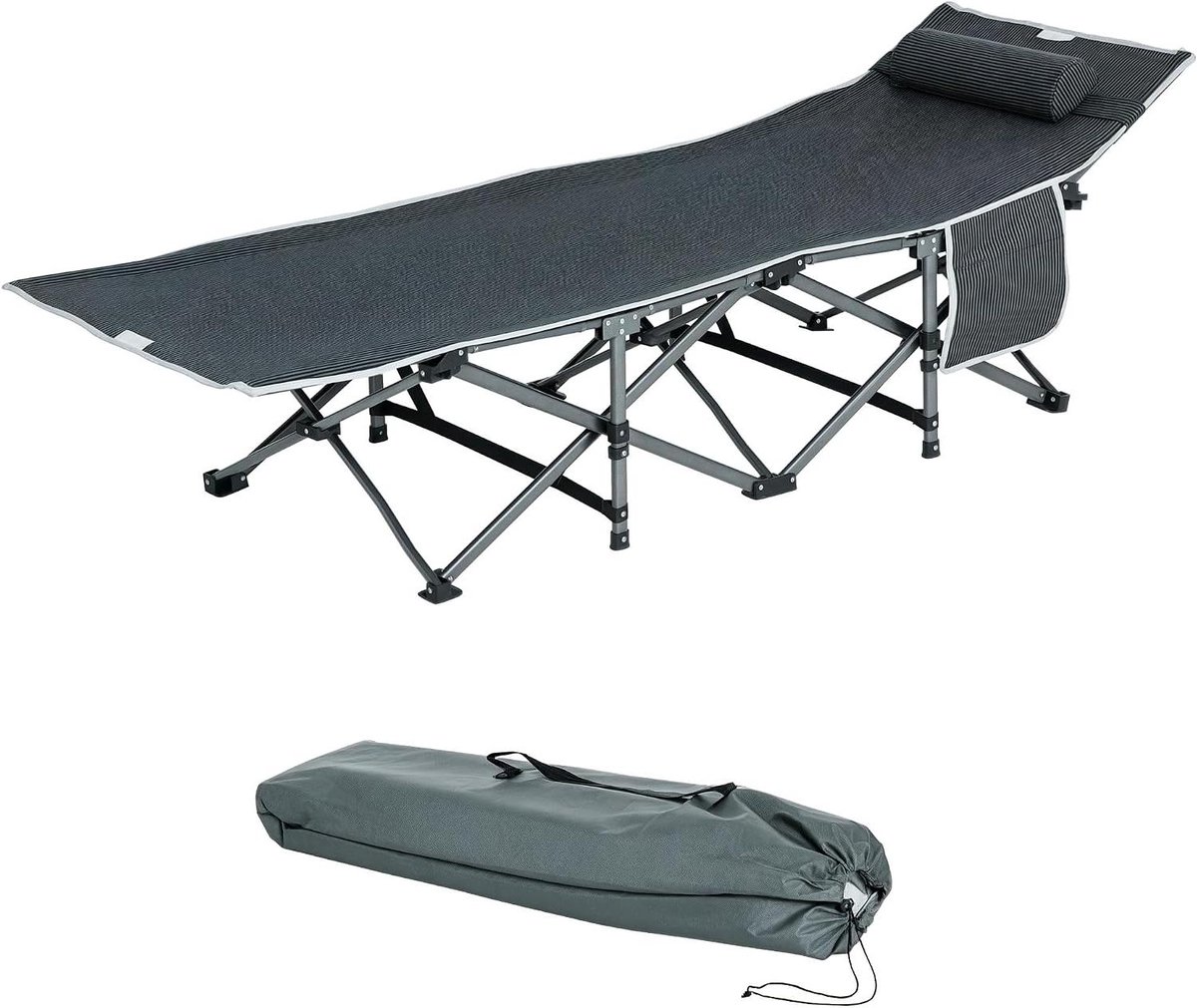 Campingbed Klapbaar - Veldbed Logeerbed - Reizen Kamperen - Met Hoofdsteun - 188 x 64.5 x 53 cm - Grijs
