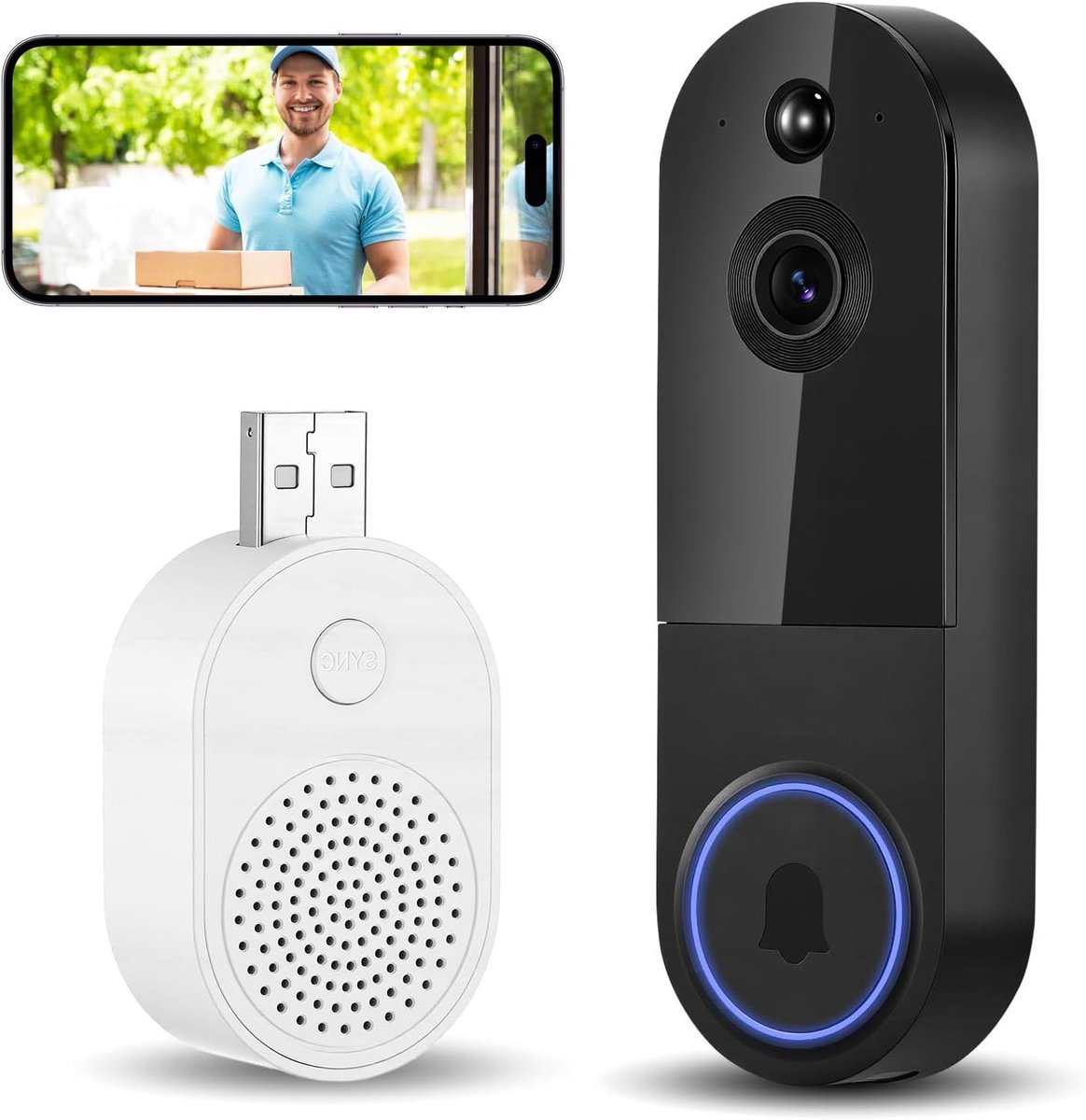 Draadloze Videodeurbel - Slimme Deurbel Camera - Huis Beveiligen - AI Objectdetectie - 14 x 5 x 4 cm - Zwart