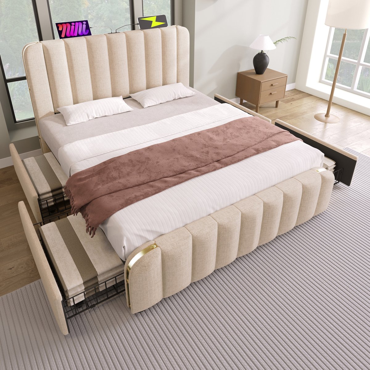 Wishdor Tweepersoonsbed 140x190 cm - Bedframe met opbergruimte - Usb- en type-c - Lattenbodem - Beige stof - 203 x 148 x 102 cm