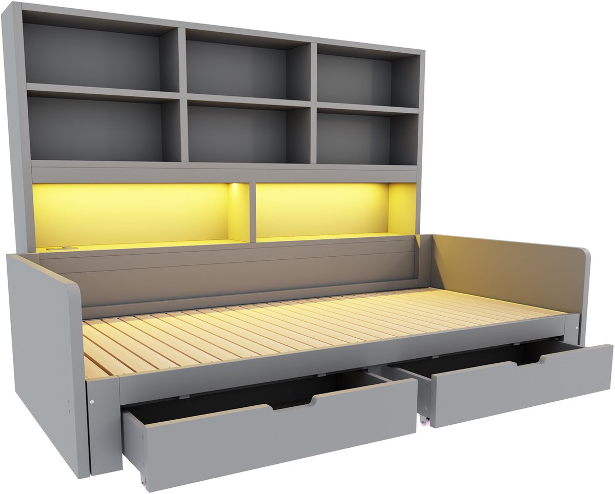 Wishdor Bedbank 90/180x200 cm - Uitschuifbaar bed - Met opbergruimte en led-verlichting - MDF - Grijs - 204 x 204 x 130 cm