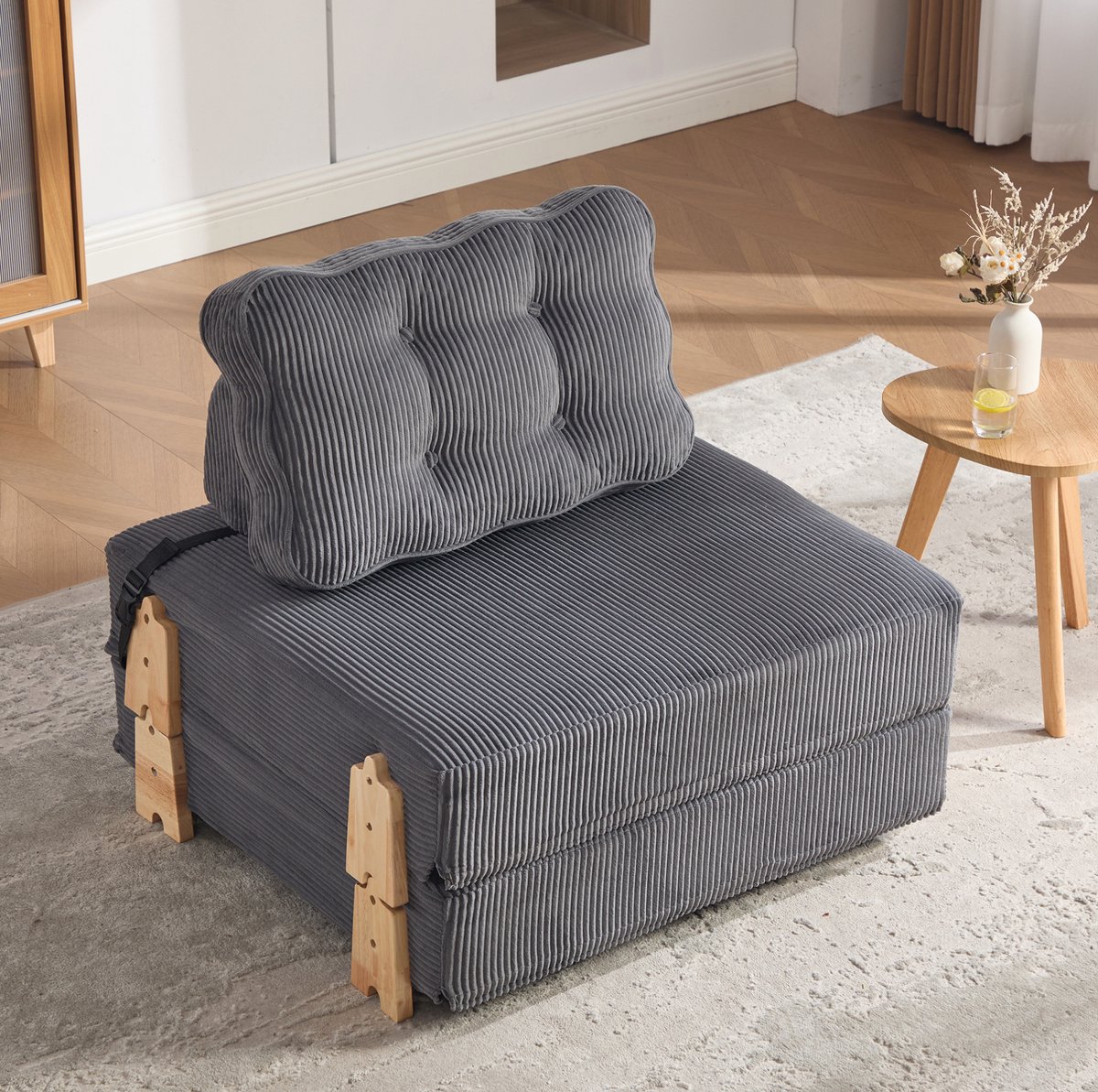 Wishdor Fauteuil 1-zits - Opklapbaar - Corduroy - Scandinavisch - Houten poten - Donkergrijs - 90 x 86 x 84 cm