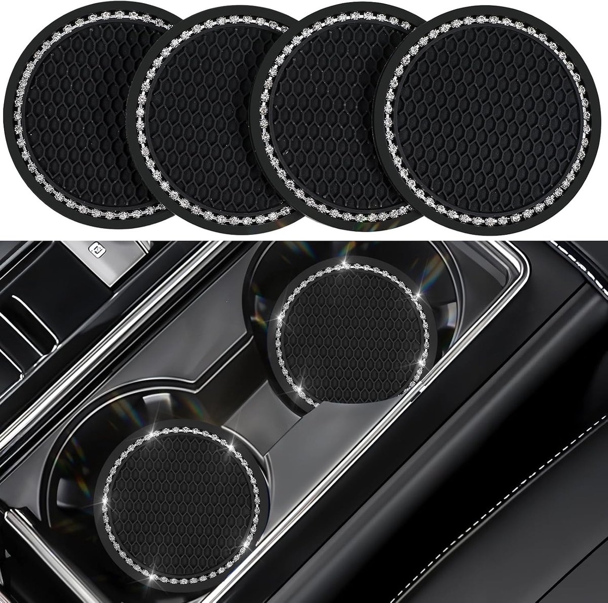 Auto assecoires - Zwart - 7 cm - Rubber en Strass Auto Onderzetters - Universeel Voor Auto Interieur