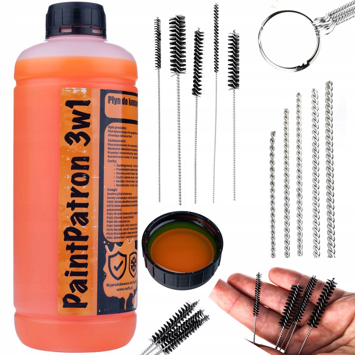 Rosfix Onderhoudsset Airless Verfspuit - Reiniger 3in1 1L en Metalen Reinigingsborstels 5 Stuks