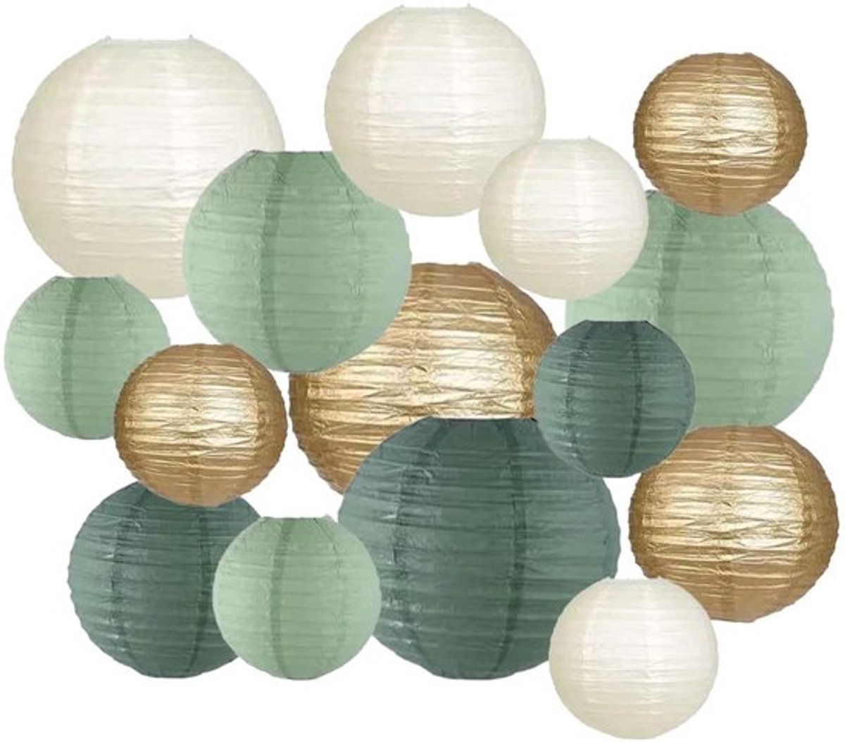 Lampionnen Pakket van 15 - Ronde Papieren Lantaarns - Saliegroen met Crème-gouden Accenten - Duurzaam en Opvouwbaar - Ideaal voor Buiten en Bruiloft - Afmetingen: 4x25 cm, 4x20 cm, 7x15,24 cm