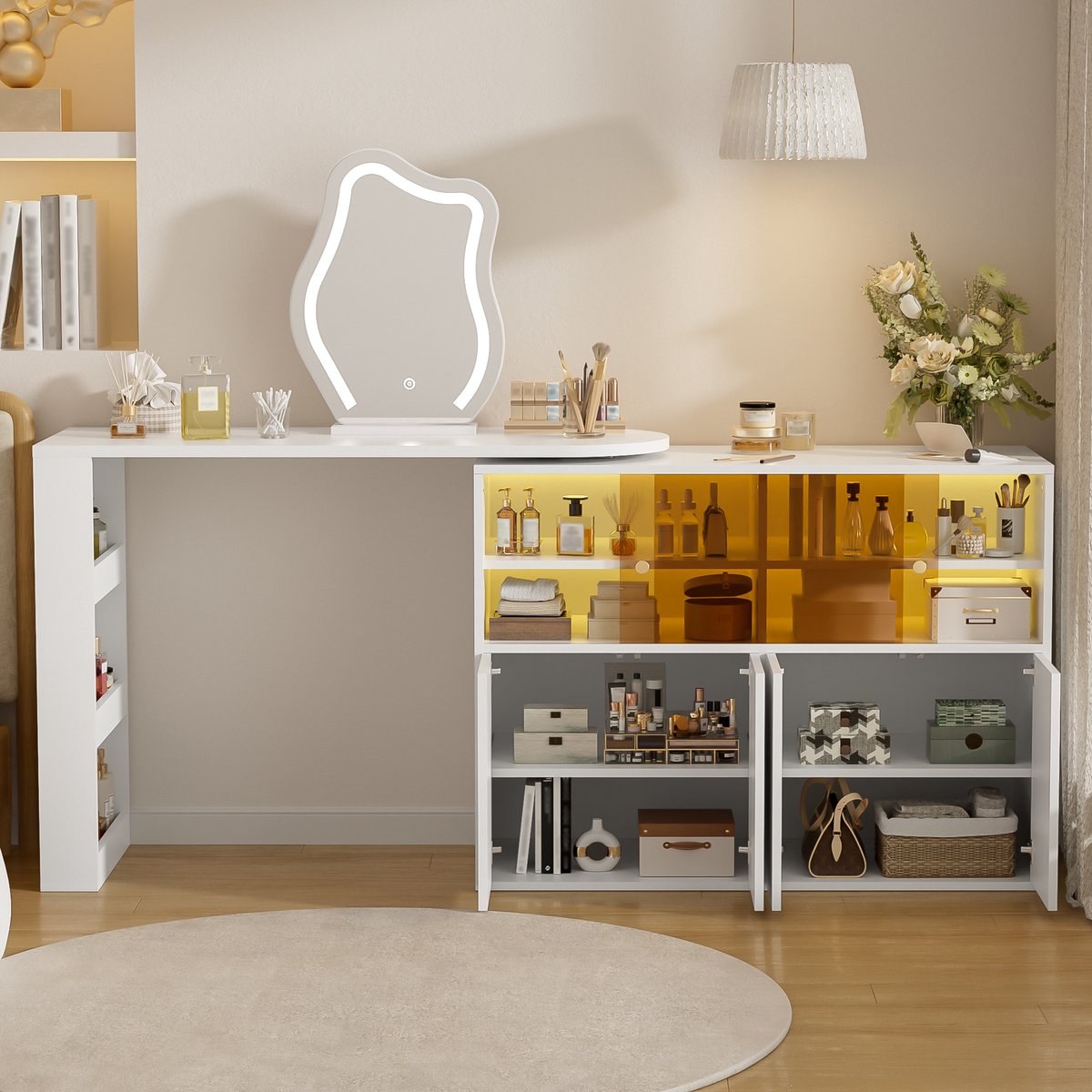 Pugsdrly Draaibare make-uptafel met led-verlichting, kaptafel, bureau, grote opbergruimte met meerdere verdiepingen voor in de slaapkamer, wit, 177×40×131,5 cm
