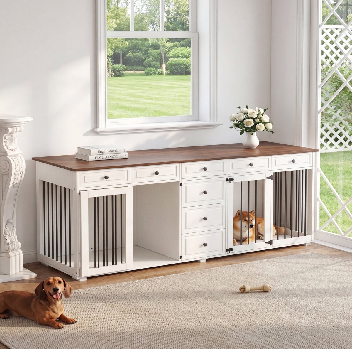 Hondenbench met lades en sloten – 200 x 60 x 85 cm – Hout en Metaal – Wit – Voor 2 Honden