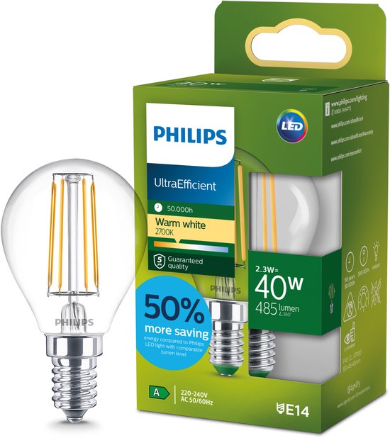 Philips UltraEfficient LED-lamp in transparante bolvorm met E14-fitting. Warm wit licht, 40W, 485 lumen.