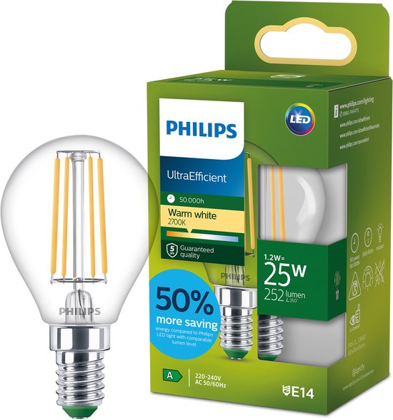 Ampoule LED Philips UltraEfficient, lumière blanc chaud 2700K, 50 000 heures, 50% plus économique, étiquette énergétique A.
