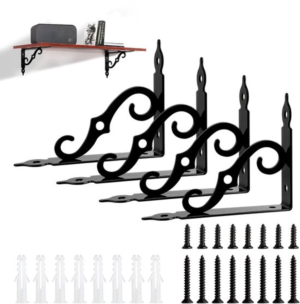 LALAGO 4 stuks plankhouders zwart metaal 14 cm, plankhoek zwart, plankdrager vintage, antieke stijl S-vormige plankhouder, zwaarlasthoek voor wandregal, zweefregal, wandsteun, plank