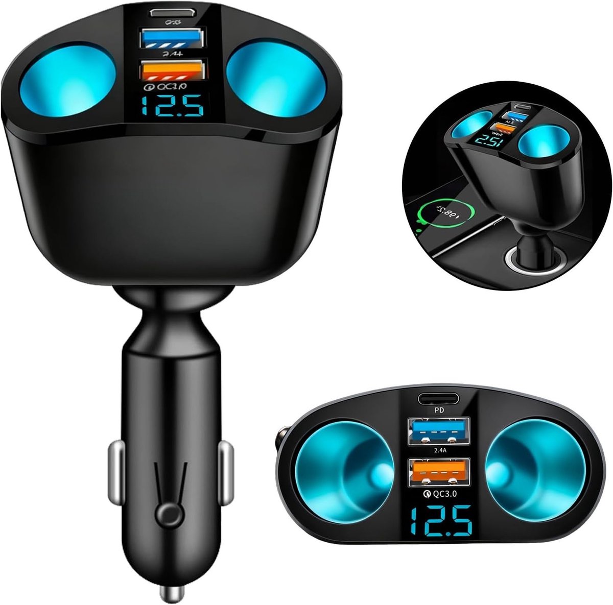 USB-sigarettenaansteker - Zwart - 120 W - 5-in-1 Auto Oplader met Digitale Spanningsweergave - Voor Mobiele Apparaten