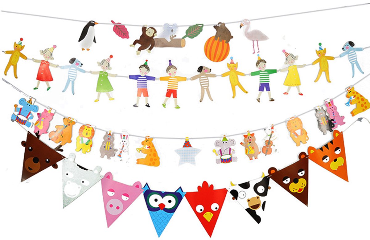 Claoner Feestvlaggen - Dierentuin jungle thema - Driehoekige banners - Kleurrijk - Verjaardag - Partijdecoratie
