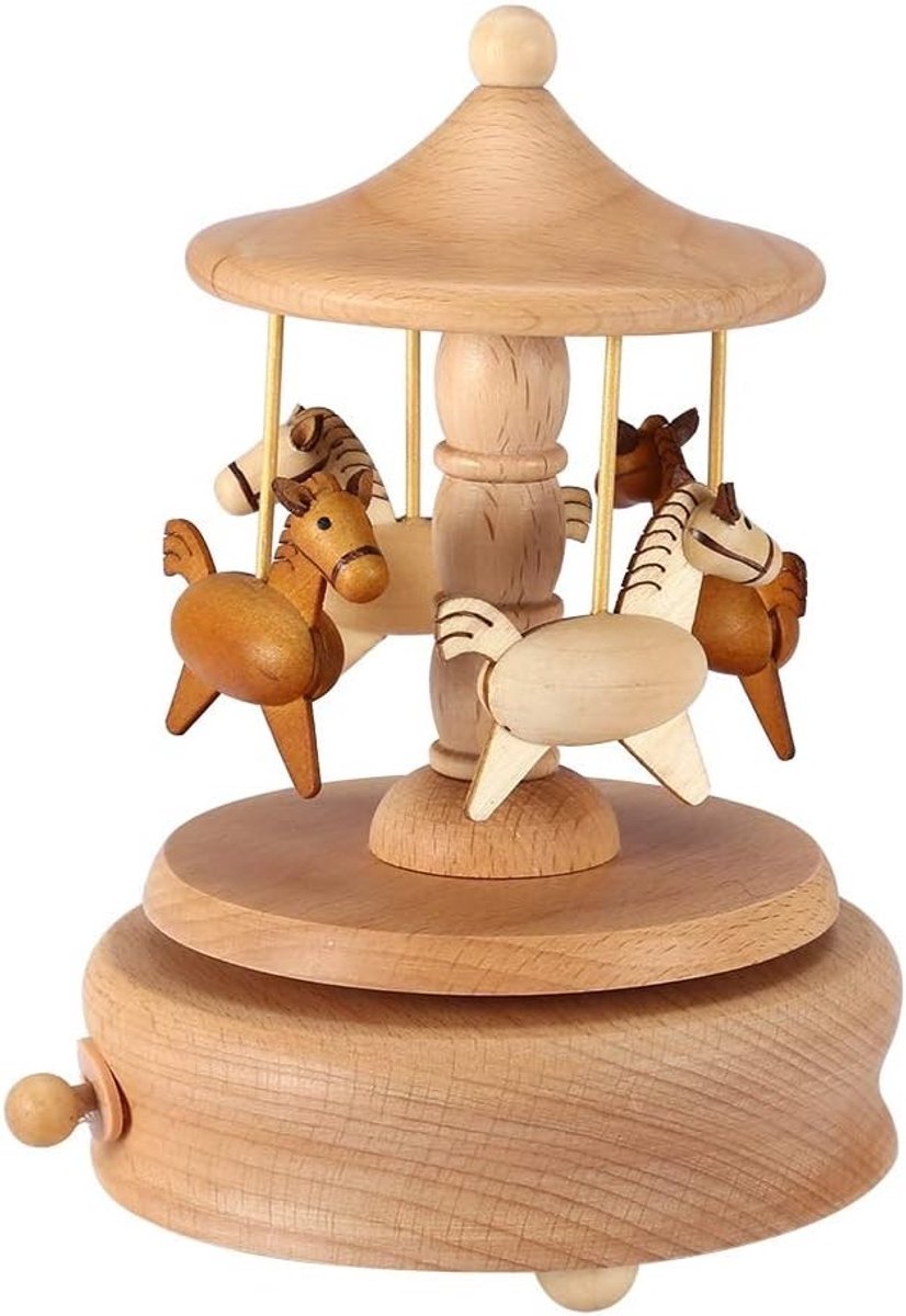Roterende muziekdoos - Beukenhout - 12,3 x 17,5 cm - Vintage carrousel paard decoratie - Voor woondecoratie en cadeau