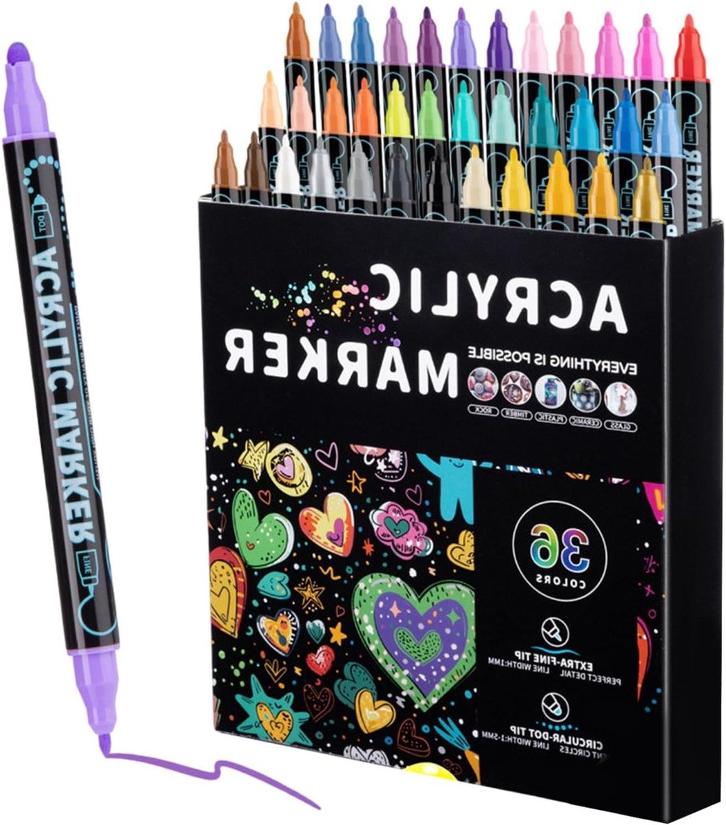 Acrylstiften Set - Verfstiften Dubbelzijdig - Creatief Tekenen - Dubbele Punt - 36 Kleuren - Multicolor