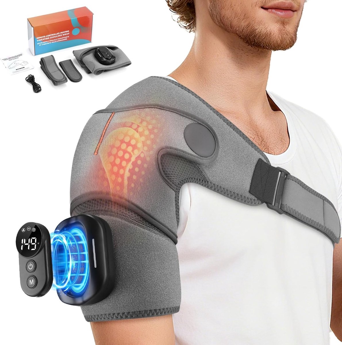 Nekmassageapparaat - Grijs - Draadloos Schouderverwarmingskussen met Afstandsbediening - Voor Ontspanning en Pijnverlichting