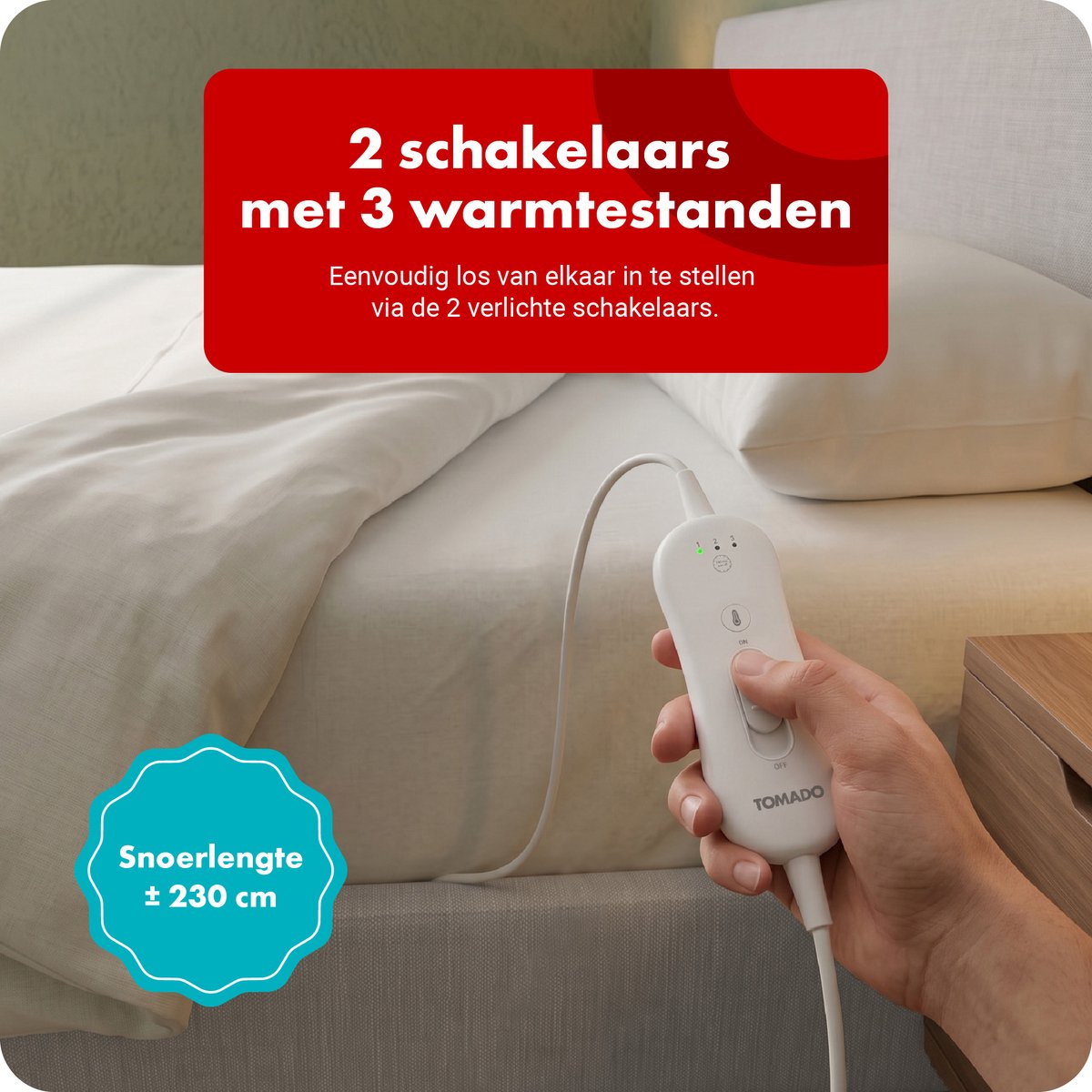 Tomado TEB2505W - Elektrische deken 2 persoons - Warmtedeken - 160 x 140 cm - Onderdeken - 2 schakelaars met 3 warmtestanden – foto 8