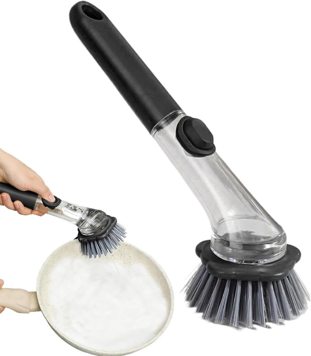 Schotel schrobber - Afwasborstel met dispenser - Efficiënt afwassen - Zeepdispenser met één druk