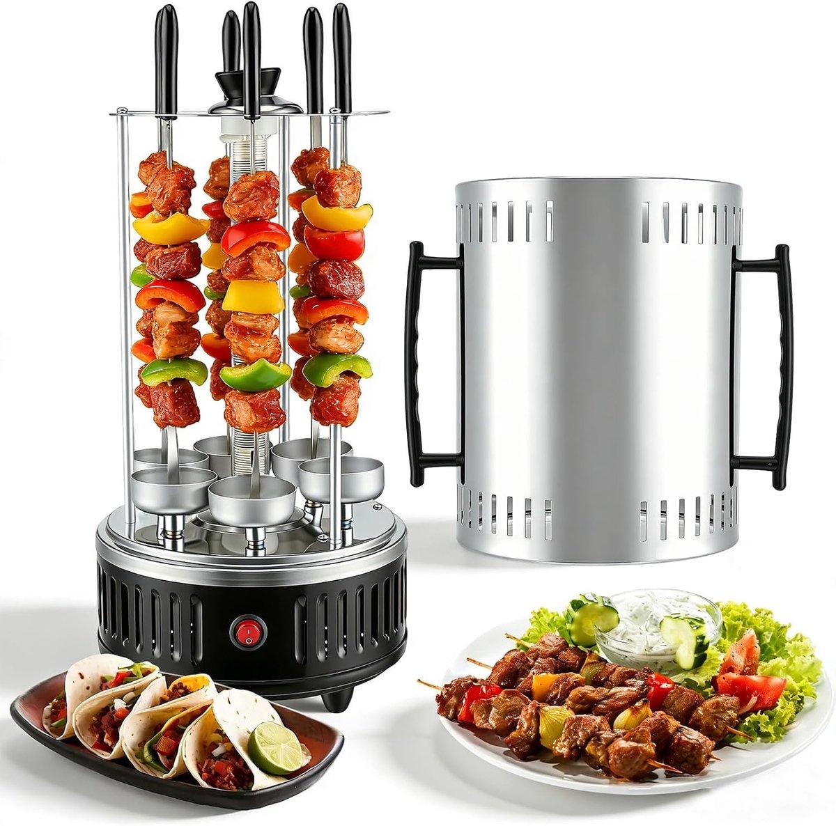 Verticale Elektrische Grill - Zwart - 1000W - Met Glasverwarmingselement en 360° Rotatie - Voor Kebab en Vlees