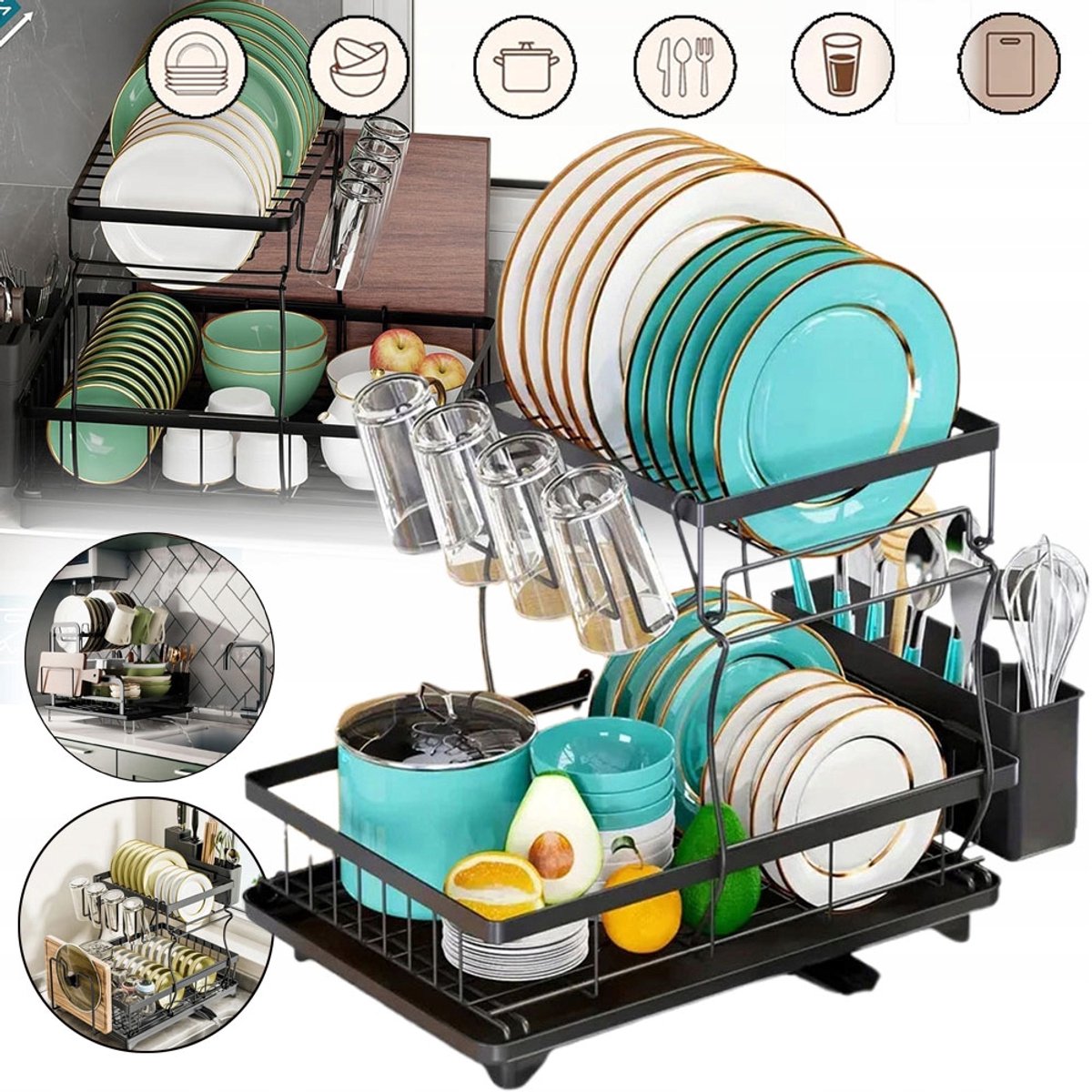 Merkloze Dubbellaagse Zwarte Afdruiprek voor Keuken - Ruim & Efficiënt