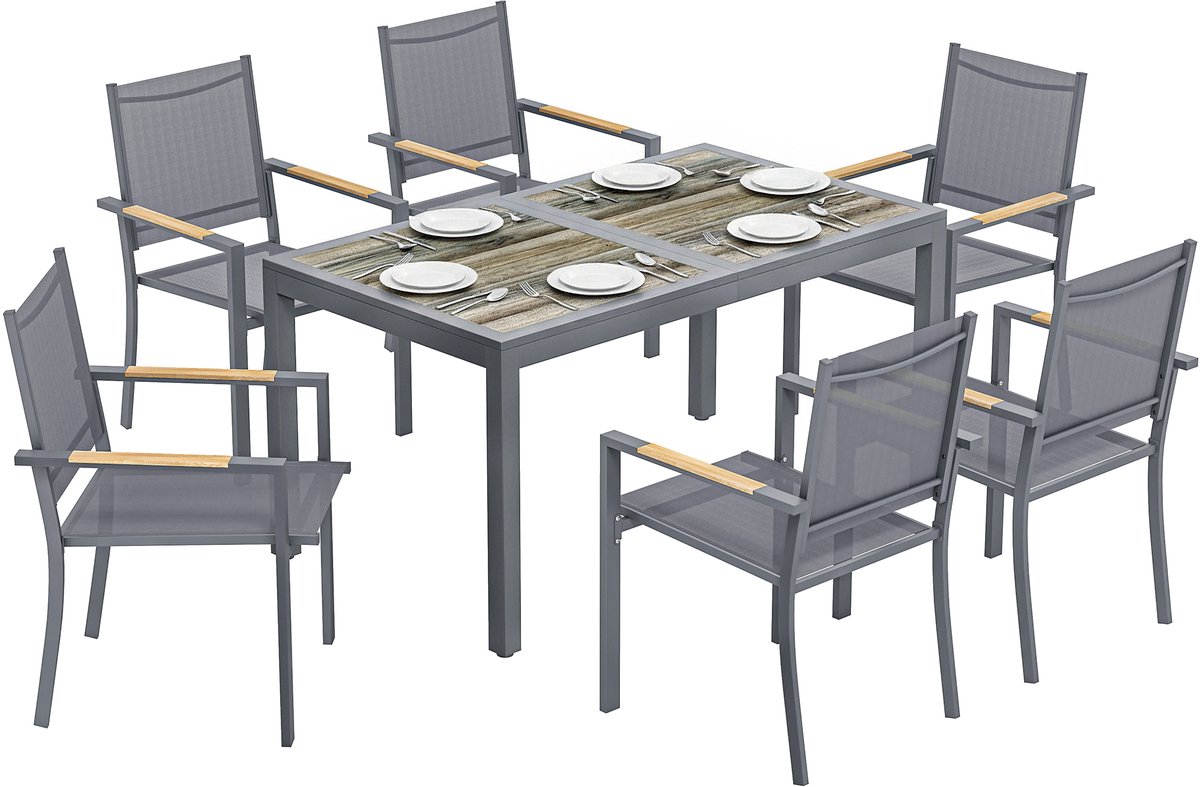 Tuinmeubelset, 7-delig, onderhoudsvrije tafel in houtlook en 6 stapelbare stoelen van textiel, robuuste tuinmeubelset voor maaltijden op terras, 140x80x72cm, antracietgrijs
