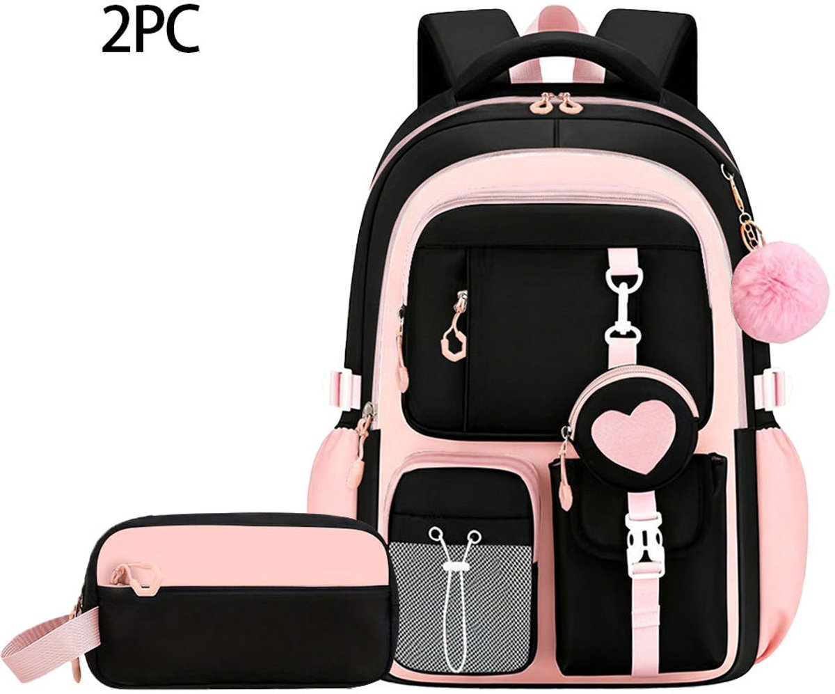 Tas - rugzak - rugtas - schooltas - rugzak kind - rugzakken - rugzak school - schooltassen - rugzak dames - rugtas dames - rugtas kind - schooltas meisje - schooltassen meisje - Zwart+roze - Inclusief etui