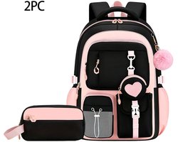 Tas - rugzak - rugtas - schooltas - rugzak kind - rugzakken - rugzak school - schooltassen - rugzak dames - rugtas dames - rugtas kind - schooltas meisje - schooltassen meisje - Zwart+roze - Inclusief etui