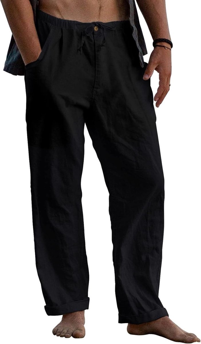 Linnen broek heren baggy lichte zomerbroek lang mannen effen vrijetijdsbroek strand yoga broek met trekkoord