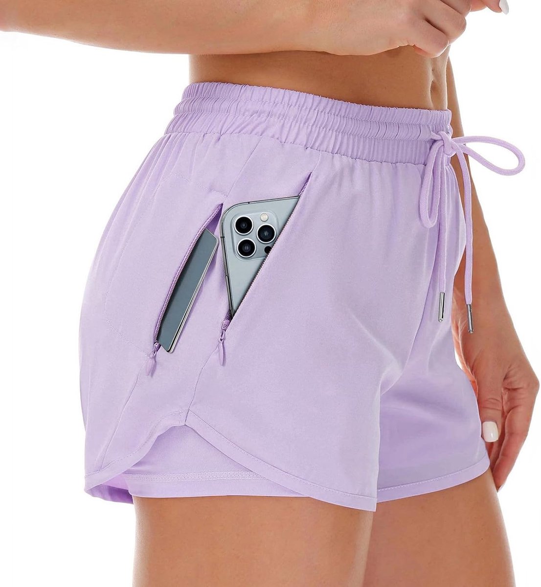 Shorts voor dames met middelhoge taille, 2-in-1 korte sportbroek en hardloopbroek met ritszakken