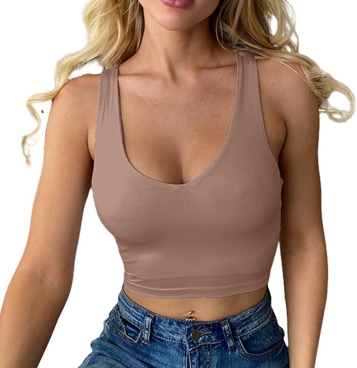 Tanktop voor dames, elegant, zomer, crop top, sexy, slim fit, tanktop, mouwloos, korte mouwen, sporttop met V-hals, basic strakke onderjas, modieus T-shirt, effen shirt