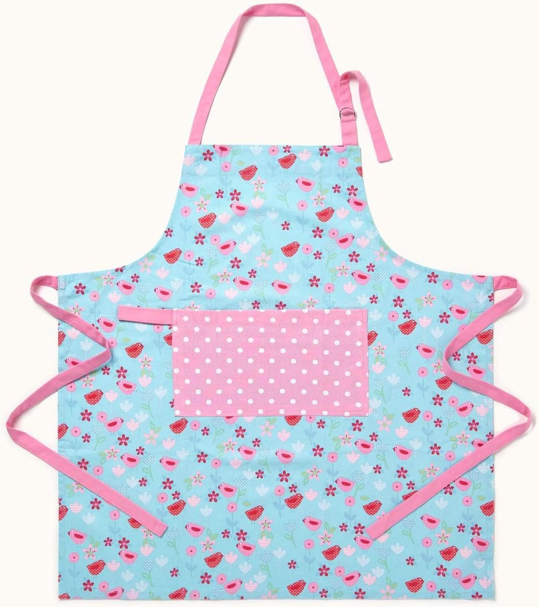 - Puur katoenen uniseks schort met zak - vogels en bloemen - roze-blauw - 80 x 85 cm - volledig gecoördineerd wasbaar keukenlinnen