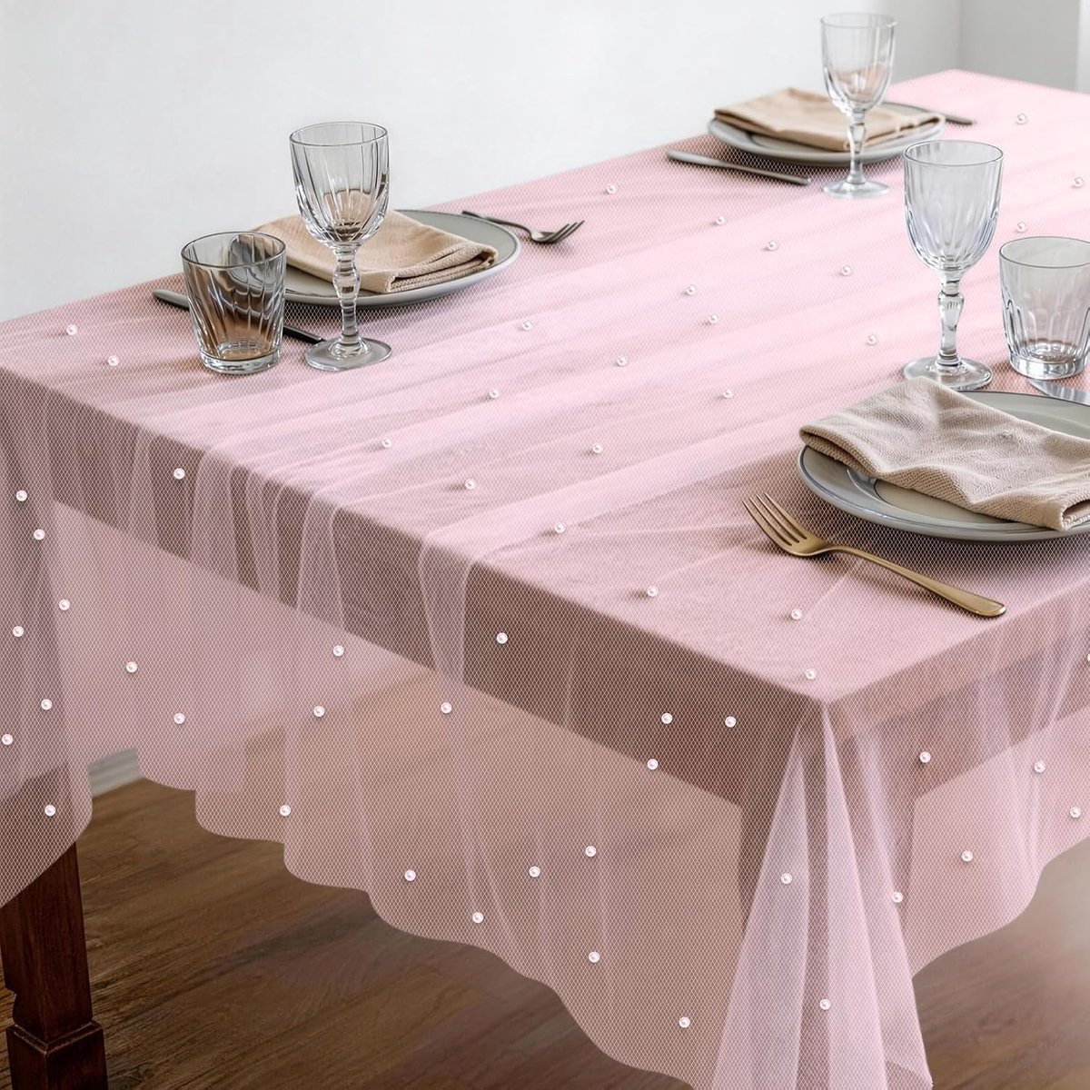 Tafelloper tule met parels, 150 x 210 cm, parelkant, tafelkleed, tule stof, tafelkleed, tule stof, tafeldecoratie voor bruiloft, bruidsfeest, verjaardagsfeest, bruiloftsboog (C)