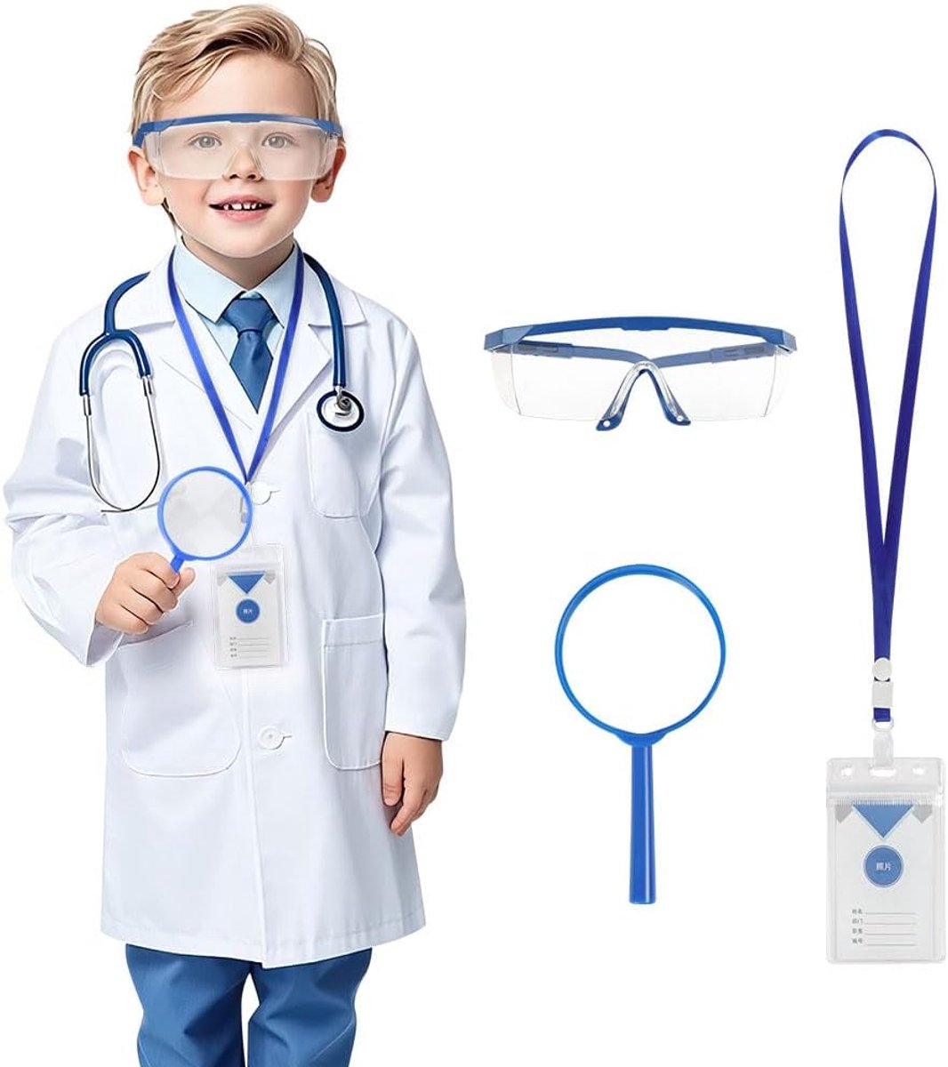 Laboratoriumjas voor kinderen, witte laboratoriumjas voor jongens en meisjes, met veiligheidsbril en werkvergunning, dokterskostuum, kinderkostuum voor studenten, school, ziekenhuis, cosplay