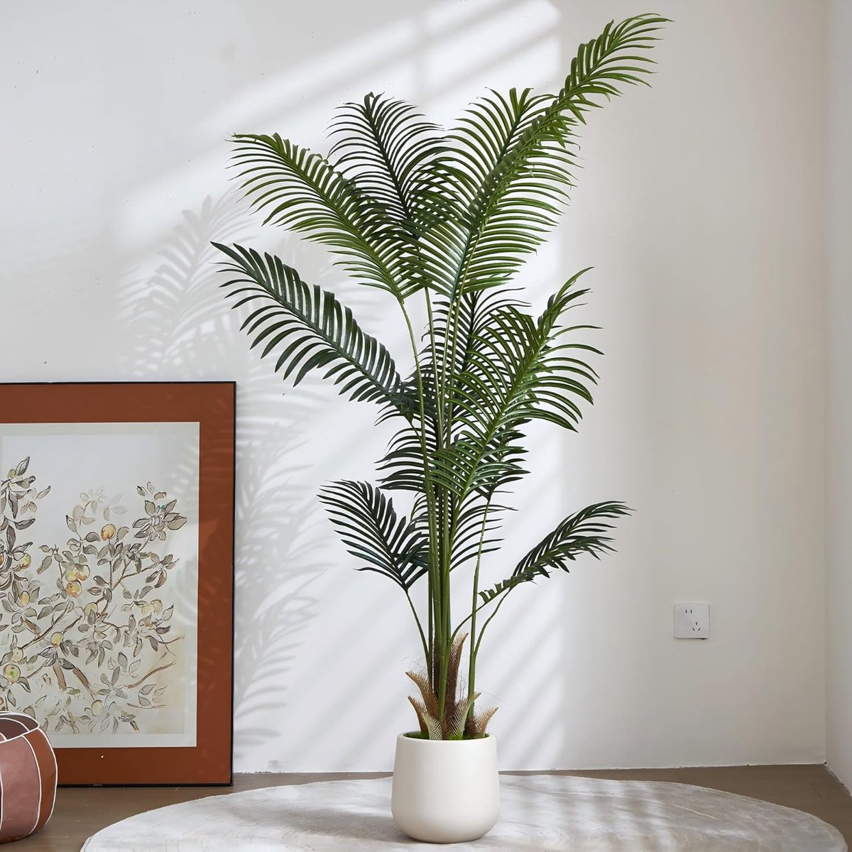 Kunstplanten 180 cm Groot, Kunstpalm met 13 Bladeren Plastic Palmbomen, Kunstpalmboom in Witte Pot, Realistisch Neppalmplant voor Kantoor, Woonkamer, Interieurdecoratie, Nepboomstam met Mos (1 stuk)