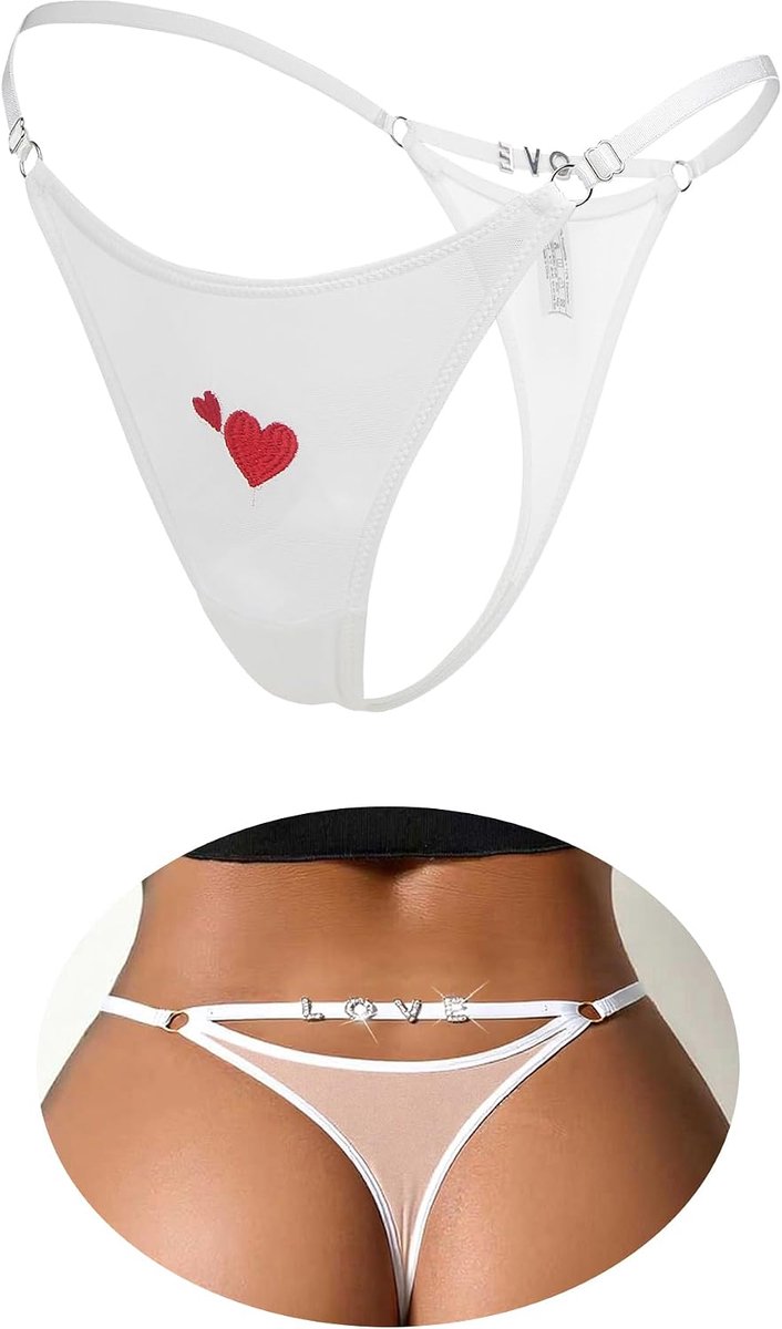 Ohmydear G-string voor dames, string, sexy, chique, mesh, tanga, kruis van katoen, slip, geborduurd hart, string, één maat, T-rug, warme outfit, ondergoed