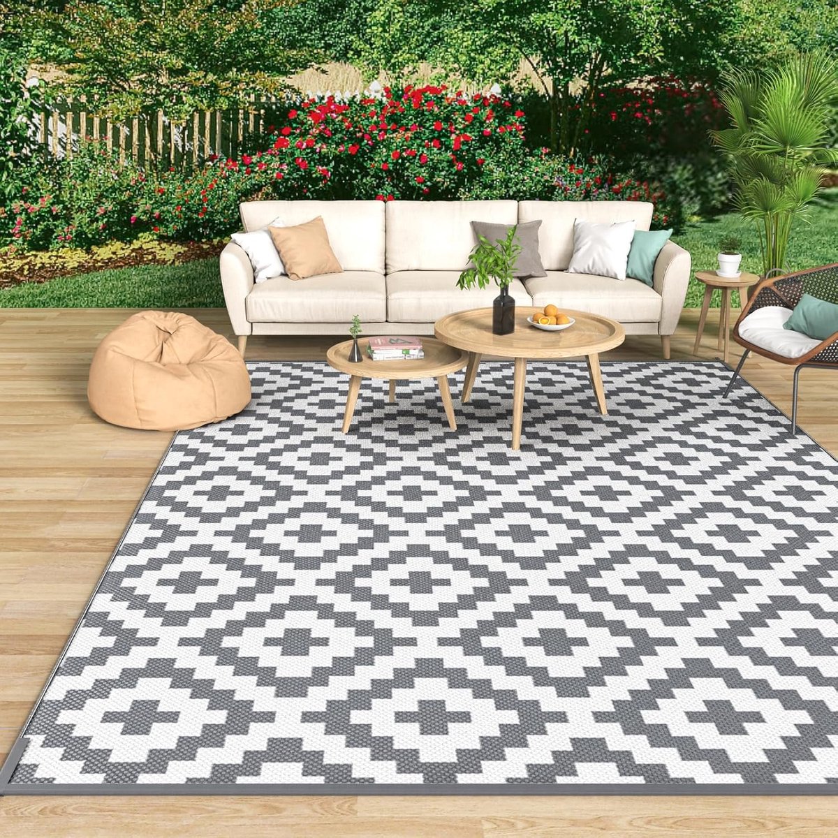 Omkeerbaar groot buitentapijt, waterdicht, geometrisch antislip plastic stro voor buiten, UV-bestendige terrastapijten voor tuin, camper, terras, camping, picknick
