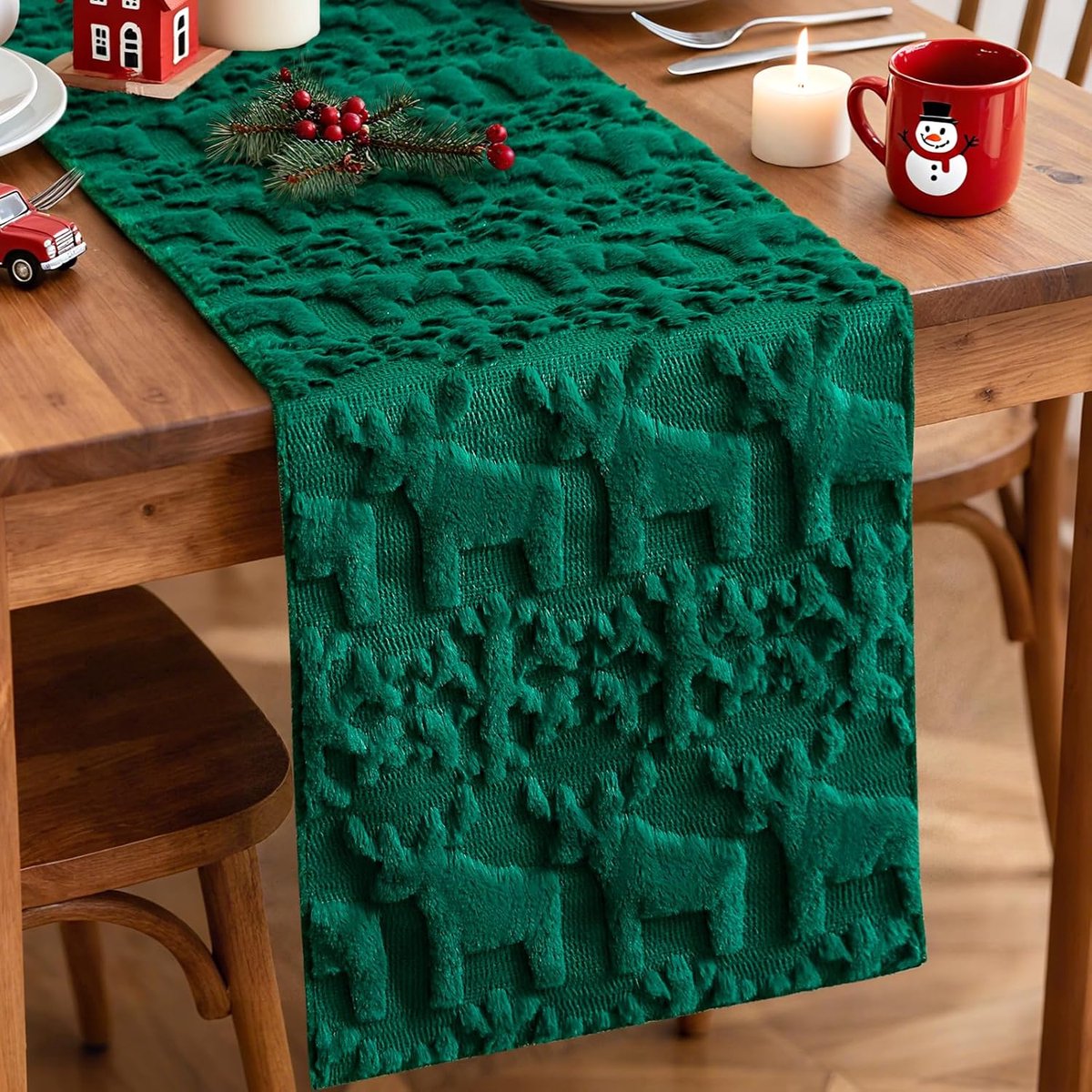Tafelloper voor Kerstmis, fluweel, 40 x 180 cm, zachte decoratie voor Kerstmis, feestjes en keukens buiten (groen - sneeuwvlokken en eland)
