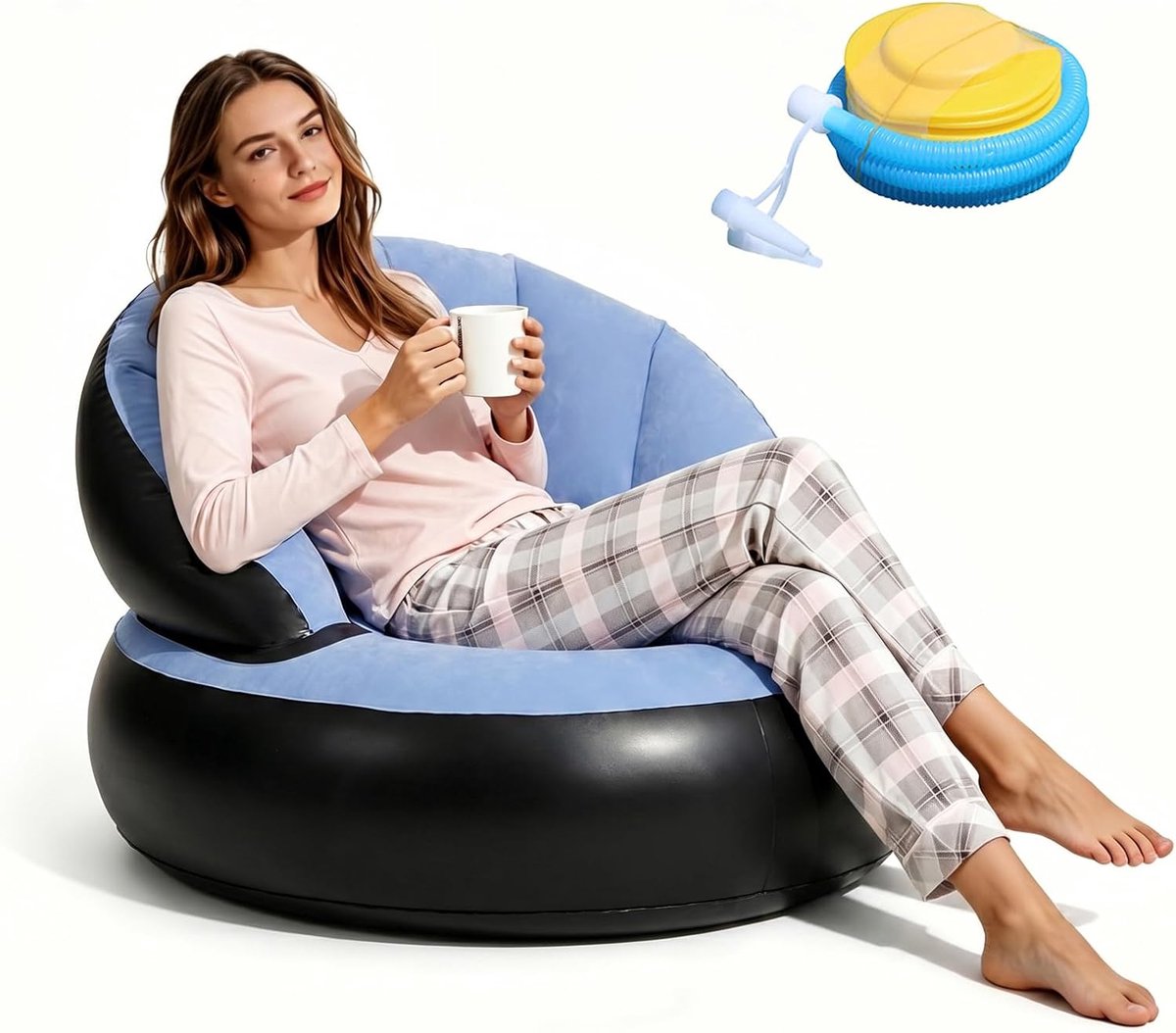 Opblaasbare Bank Met Voetpomp, Opblaasbare PVC-Fauteuil, 77 X 77 X 58 Cm, Voor Salon, Balkon, Tuin, Camping, Buiten, Binnen (Lichtblauw)