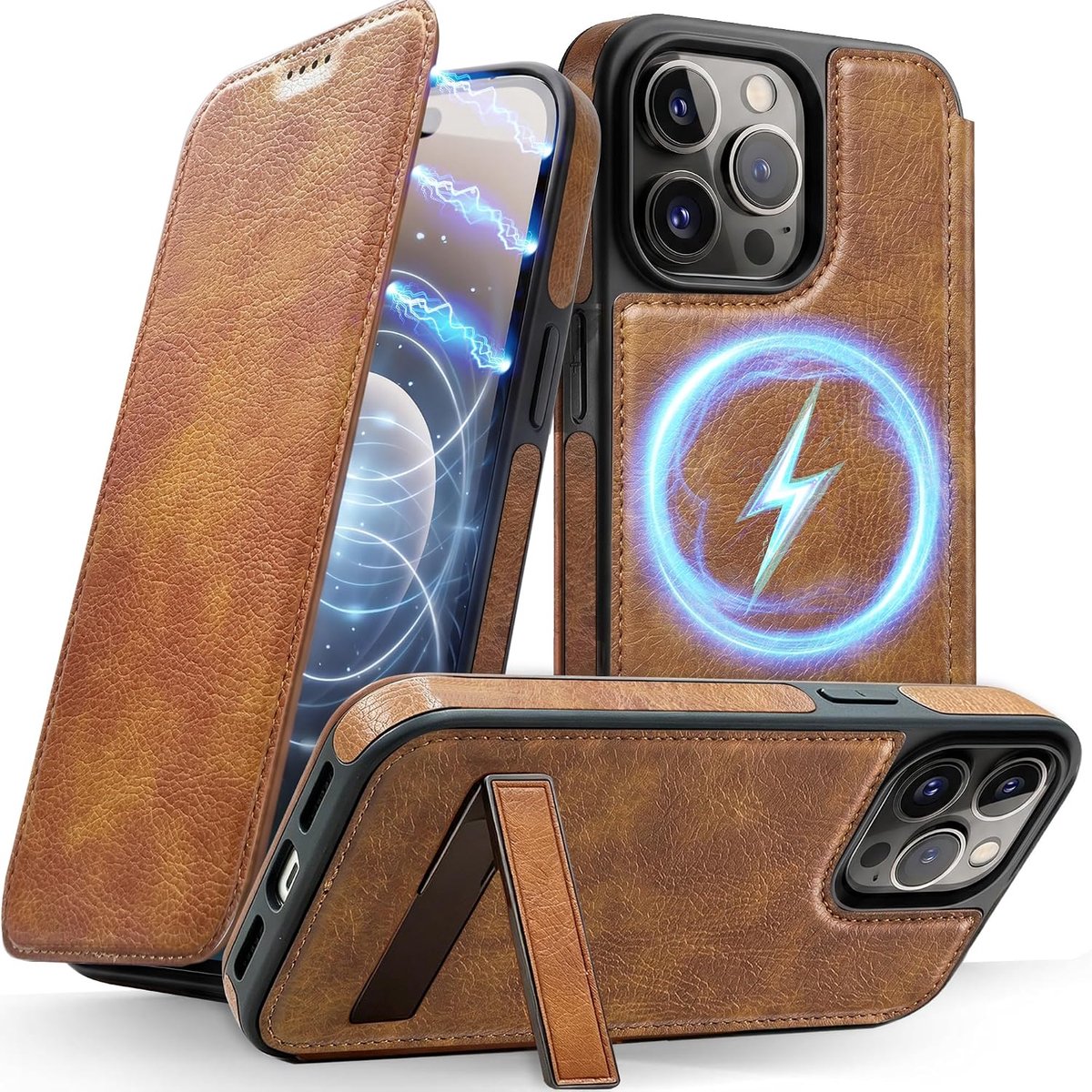 Flip Case voor iPhone 14 Pro Max, bruin PU lederen anti-slip effen retro hoes