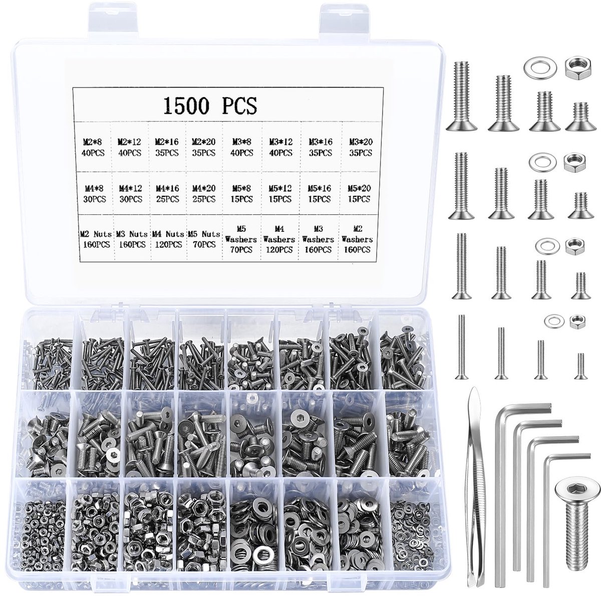 Inbusschroeven, moeren en sluitringen, verzonken kopschroeven, platte kopschroeven voor machines, cilindrische schroeven van roestvrij staal, M2 M3 M4 M5 (1500 zilver)